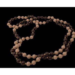 Vintage Brown And Beige Long Beaded Necklace With Gold Tone Spacers